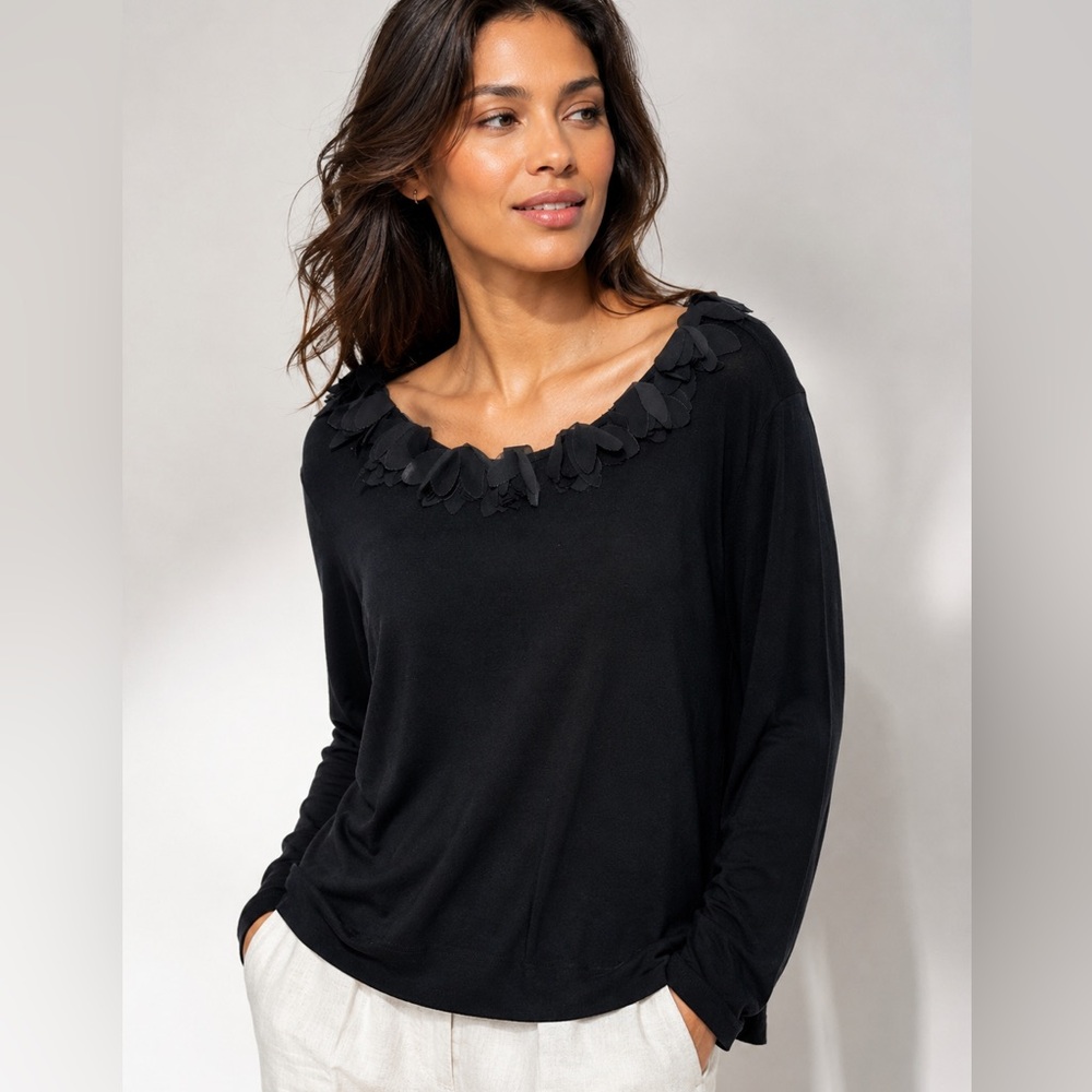 Boden Black Sweater Floral Applique Neckline